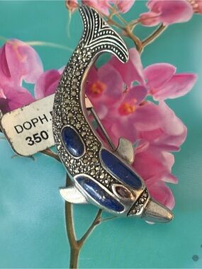 Sterling Silver Dolphin Brooch with Blue Lapis Garnet and Marcasites Accents